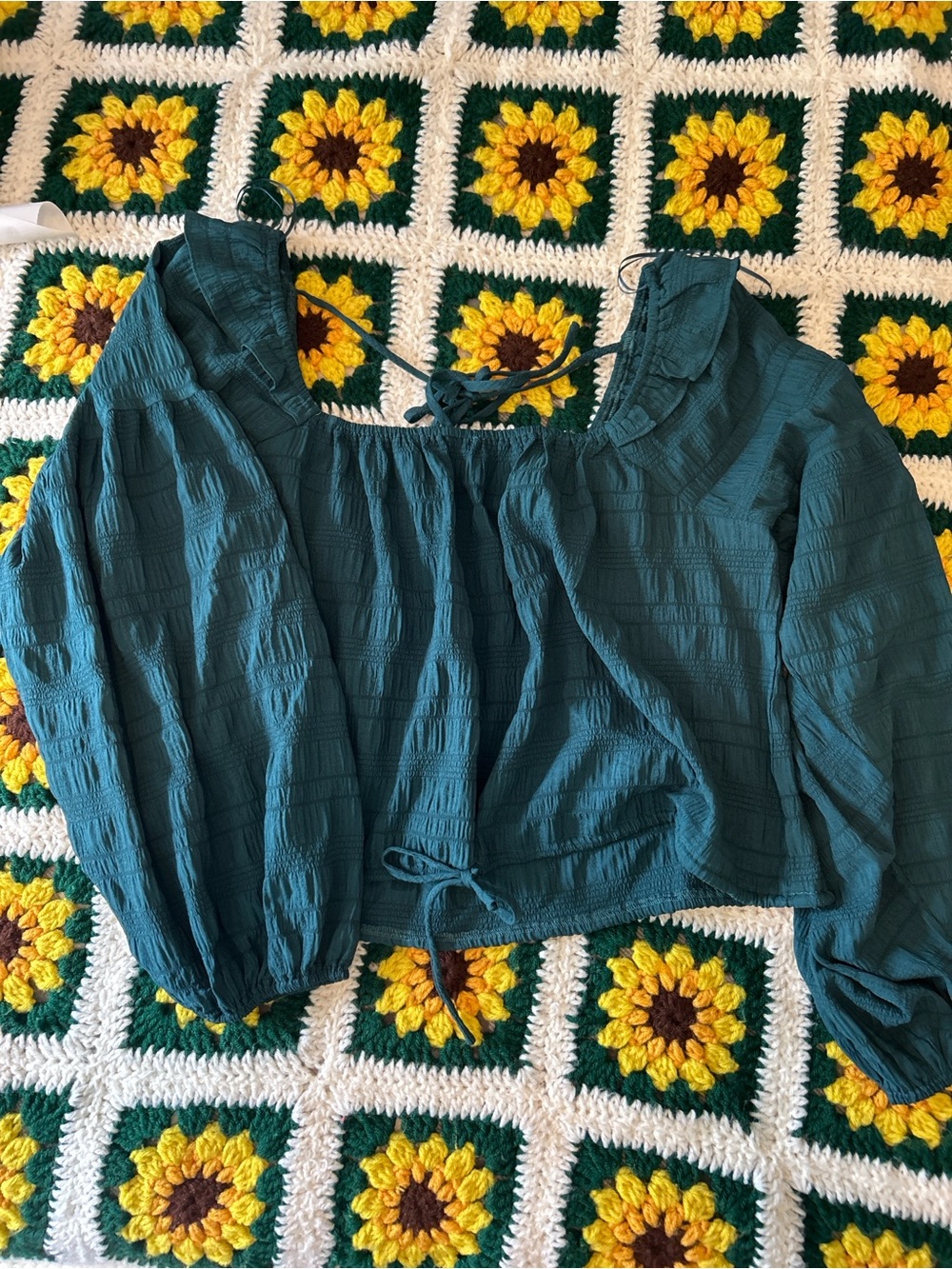 eesome Teal Peasant Blouse with Tie Neck